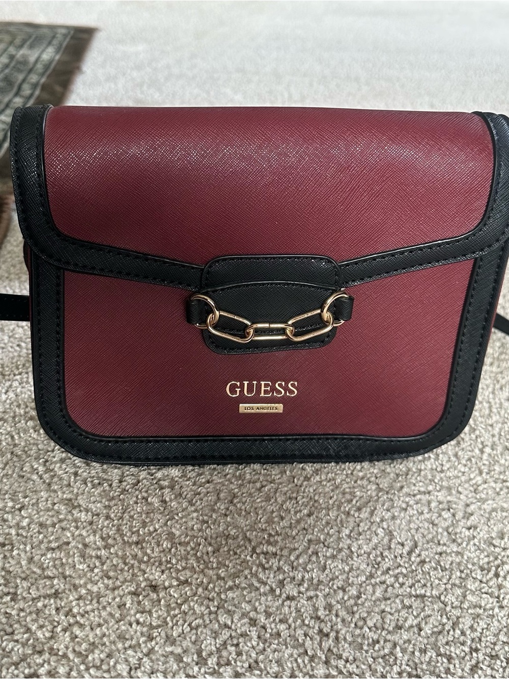 GUESS Wine and Black Chain Accent Crossbody Bag
